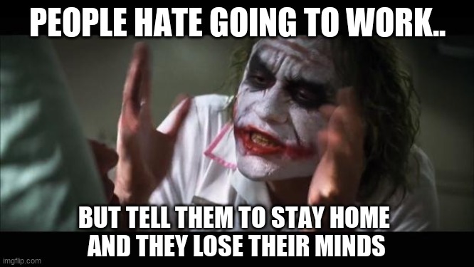 And everybody loses their minds | PEOPLE HATE GOING TO WORK.. BUT TELL THEM TO STAY HOME 
AND THEY LOSE THEIR MINDS | image tagged in memes,and everybody loses their minds | made w/ Imgflip meme maker