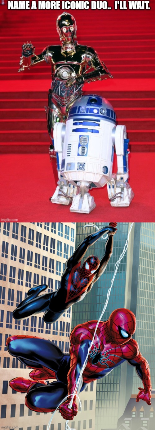 A better duo than C-3PO and R2-D2.... | NAME A MORE ICONIC DUO..  I'LL WAIT. | image tagged in spider-man,r2d2  c3po,marvel,star wars,name a more iconic duo | made w/ Imgflip meme maker