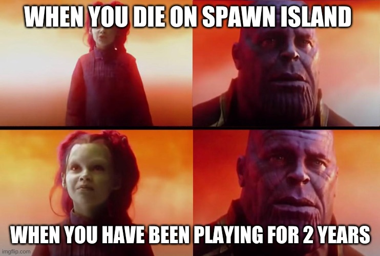 thanos what did it cost | WHEN YOU DIE ON SPAWN ISLAND; WHEN YOU HAVE BEEN PLAYING FOR 2 YEARS | image tagged in thanos what did it cost | made w/ Imgflip meme maker