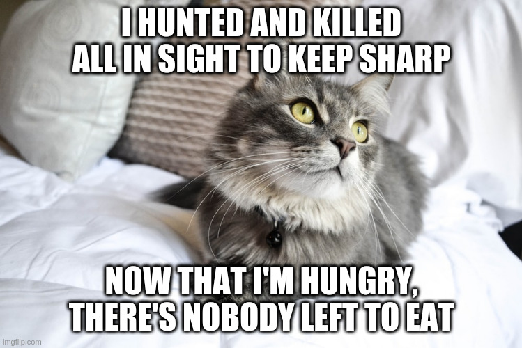 Hungry After All | I HUNTED AND KILLED ALL IN SIGHT TO KEEP SHARP; NOW THAT I'M HUNGRY, THERE'S NOBODY LEFT TO EAT | image tagged in hungry after all | made w/ Imgflip meme maker