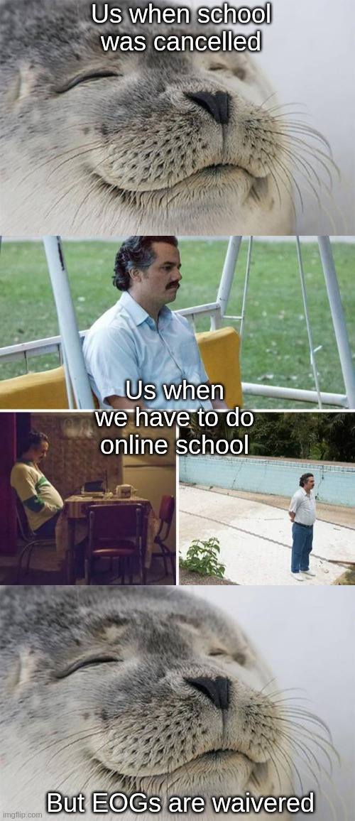 Us when school was cancelled; Us when we have to do online school; But EOGs are waivered | image tagged in memes,satisfied seal,sad pablo escobar | made w/ Imgflip meme maker