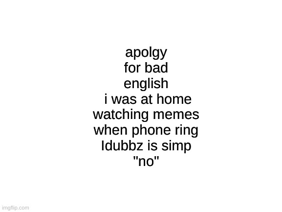 Blank White Template | apolgy for bad english
 i was at home watching memes when phone ring
Idubbz is simp
"no" | image tagged in blank white template | made w/ Imgflip meme maker
