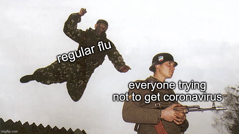 Soldier jump spetznaz | regular flu everyone trying not to get coronavirus | image tagged in soldier jump spetznaz | made w/ Imgflip meme maker