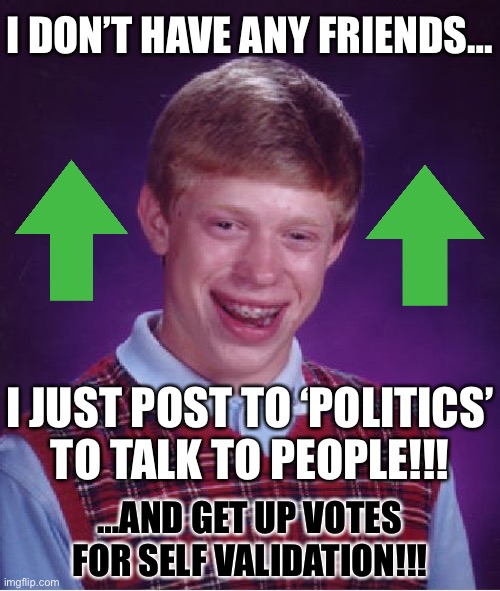 Bad Luck Brian | I DON’T HAVE ANY FRIENDS…; I JUST POST TO ‘POLITICS’ TO TALK TO PEOPLE!!! …AND GET UP VOTES FOR SELF VALIDATION!!! | image tagged in memes,bad luck brian | made w/ Imgflip meme maker