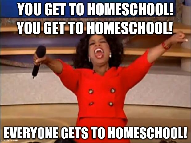 WE ALL GET TO HOMESCHOOL! | YOU GET TO HOMESCHOOL! YOU GET TO HOMESCHOOL! EVERYONE GETS TO HOMESCHOOL! | image tagged in memes,oprah you get a | made w/ Imgflip meme maker