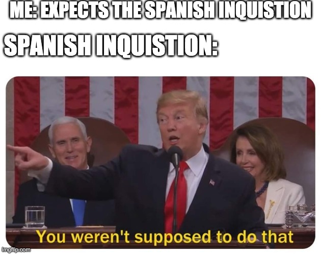 You weren't supposed to do that | ME: EXPECTS THE SPANISH INQUISTION; SPANISH INQUISTION: | image tagged in you weren't supposed to do that | made w/ Imgflip meme maker