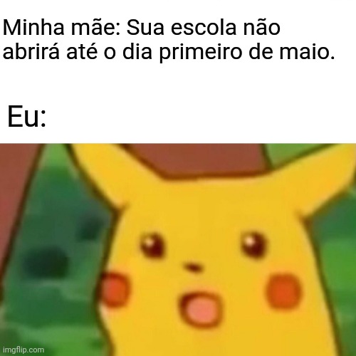 Minha escola também pode estar fechada pelo resto do ano | Minha mãe: Sua escola não abrirá até o dia primeiro de maio. Eu: | image tagged in memes,surprised pikachu | made w/ Imgflip meme maker