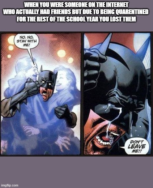 Batman don't leave me | WHEN YOU WERE SOMEONE ON THE INTERNET
WHO ACTUALLY HAD FRIENDS BUT DUE TO BEING QUARENTINED 
FOR THE REST OF THE SCHOOL YEAR YOU LOST THEM | image tagged in batman don't leave me | made w/ Imgflip meme maker