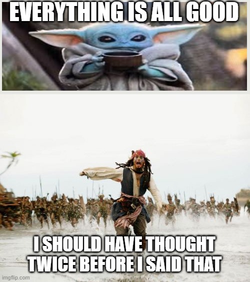 Jack Sparrow Being Chased Meme | EVERYTHING IS ALL GOOD; I SHOULD HAVE THOUGHT TWICE BEFORE I SAID THAT | image tagged in memes,jack sparrow being chased | made w/ Imgflip meme maker