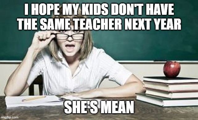 teacher | I HOPE MY KIDS DON'T HAVE THE SAME TEACHER NEXT YEAR; SHE'S MEAN | image tagged in teacher | made w/ Imgflip meme maker