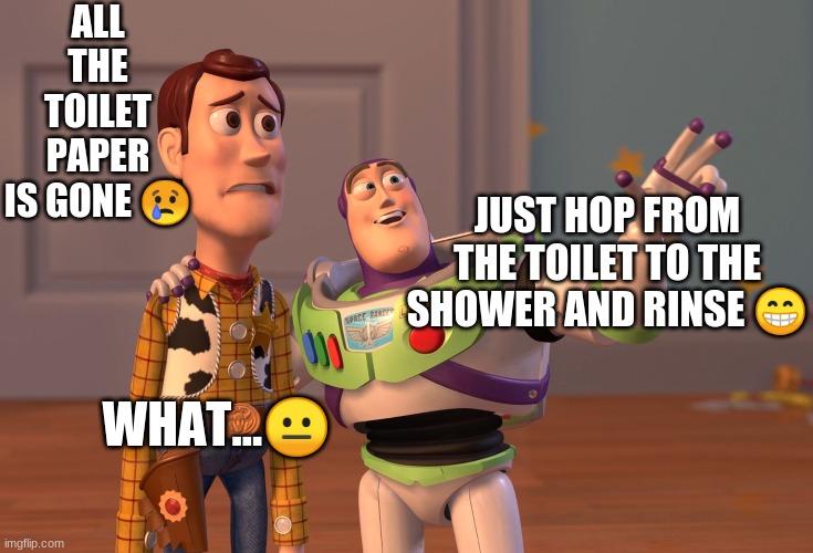 X, X Everywhere | ALL THE TOILET PAPER IS GONE 😢; JUST HOP FROM THE TOILET TO THE SHOWER AND RINSE 😁; WHAT...😐 | image tagged in memes,x x everywhere | made w/ Imgflip meme maker