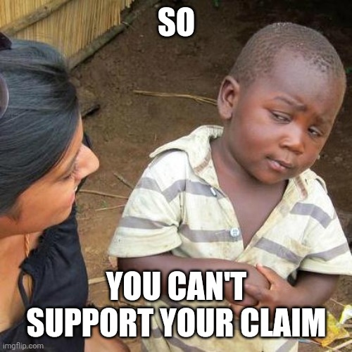 Third World Skeptical Kid Meme | SO YOU CAN'T SUPPORT YOUR CLAIM | image tagged in memes,third world skeptical kid | made w/ Imgflip meme maker