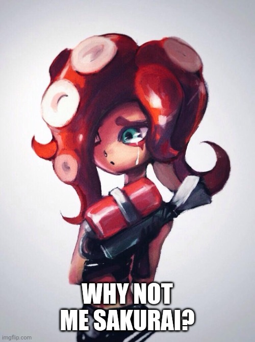 Crying Octoling | WHY NOT ME SAKURAI? | image tagged in crying octoling | made w/ Imgflip meme maker