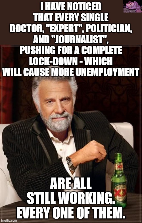 Wonder how they would react if they lost their job. | I HAVE NOTICED THAT EVERY SINGLE DOCTOR, "EXPERT", POLITICIAN, AND "JOURNALIST", PUSHING FOR A COMPLETE LOCK-DOWN - WHICH WILL CAUSE MORE UNEMPLOYMENT; ARE ALL STILL WORKING. EVERY ONE OF THEM. | image tagged in memes,the most interesting man in the world | made w/ Imgflip meme maker