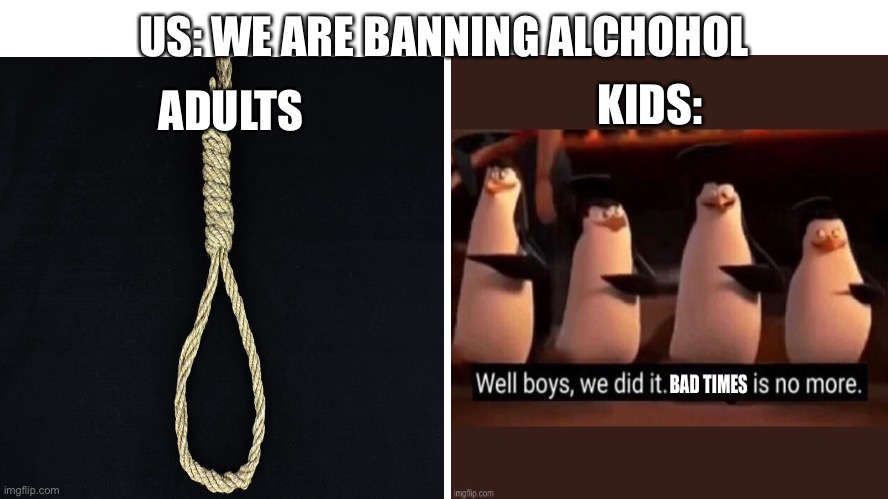 Alchohol ban | KIDS:; US: WE ARE BANNING ALCHOHOL; ADULTS | image tagged in wow | made w/ Imgflip meme maker