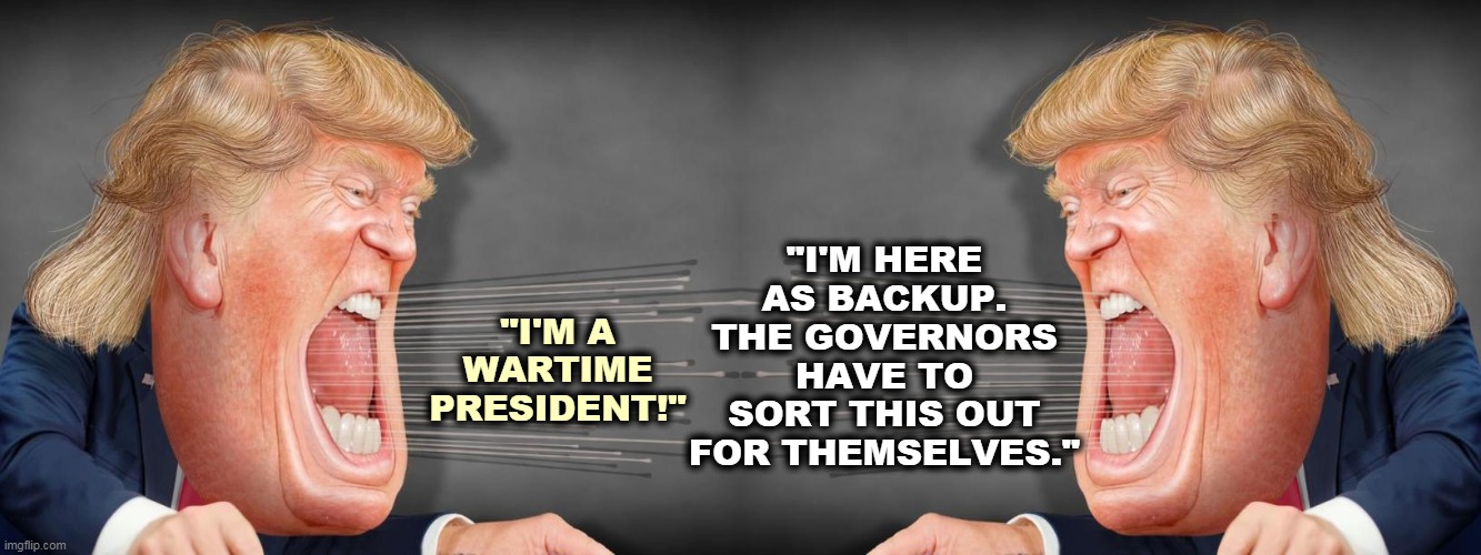 "Heads I win, tails you lose." What, again? Can you imagine FDR or Churchill weaseling out like that? | "I'M A WARTIME PRESIDENT!"; "I'M HERE AS BACKUP. THE GOVERNORS HAVE TO SORT THIS OUT FOR THEMSELVES." | image tagged in trump,coronavirus,covid-19,failure,loser,bullshit | made w/ Imgflip meme maker