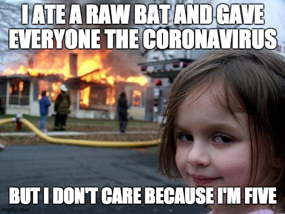 I Don't Care | I ATE A RAW BAT AND GAVE
EVERYONE THE CORONAVIRUS; BUT I DON'T CARE BECAUSE I'M FIVE | image tagged in memes,disaster girl | made w/ Imgflip meme maker