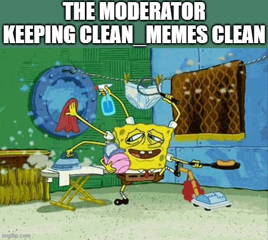 Spongebob Cleaning  | THE MODERATOR KEEPING CLEAN_MEMES CLEAN | image tagged in spongebob cleaning | made w/ Imgflip meme maker