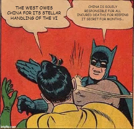 Batman Slapping Robin | THE WEST OWES CHINA FOR ITS STELLAR HANDLING OF THE VI; CHINA IS SOLELY RESPONSIBLE FOR ALL INCURED DEATHS FOR KEEPING IT SECRET FOR MONTHS... | image tagged in memes,batman slapping robin | made w/ Imgflip meme maker