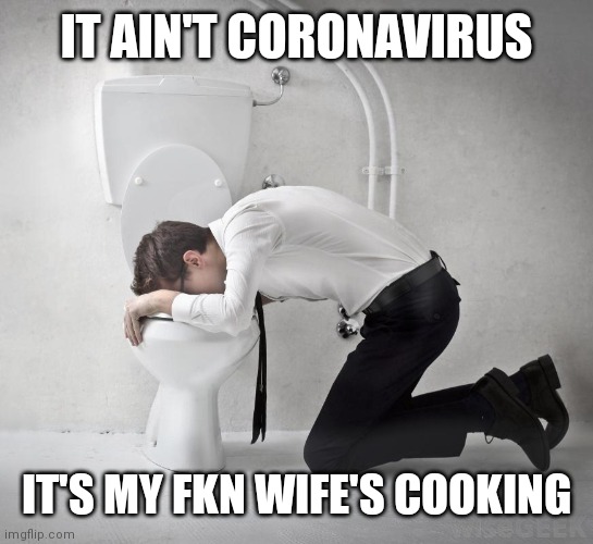 vomiting politician | IT AIN'T CORONAVIRUS; IT'S MY FKN WIFE'S COOKING | image tagged in vomiting politician | made w/ Imgflip meme maker