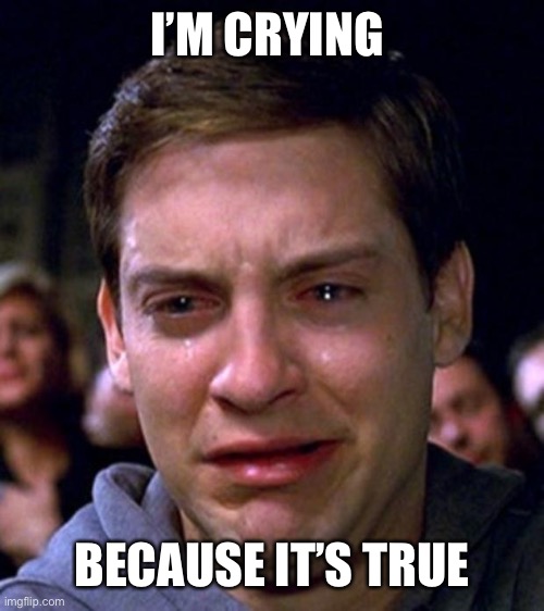 I’M CRYING BECAUSE IT’S TRUE | image tagged in crying peter parker | made w/ Imgflip meme maker