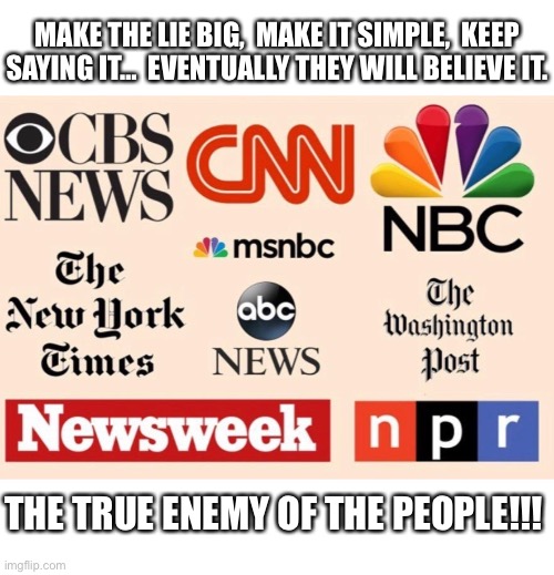 Enemy of the People | MAKE THE LIE BIG,  MAKE IT SIMPLE,  KEEP SAYING IT…  EVENTUALLY THEY WILL BELIEVE IT. THE TRUE ENEMY OF THE PEOPLE!!! | image tagged in fake news,abc,cbs,nbc,cnn fake news,msnbc | made w/ Imgflip meme maker