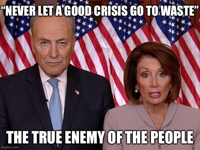Pelosi Schumer | “NEVER LET A GOOD CRISIS GO TO WASTE”; THE TRUE ENEMY OF THE PEOPLE | image tagged in pelosi schumer | made w/ Imgflip meme maker