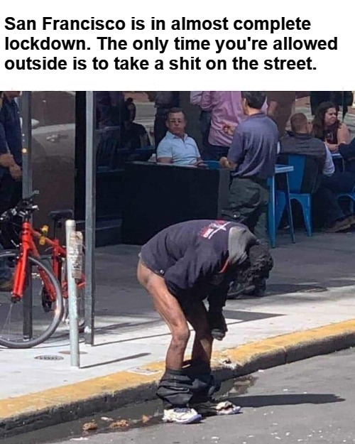 San Francisco is in almost complete lockdown. | San Francisco is in almost complete lockdown. The only time you're allowed outside is to take a shit on the street. | image tagged in shithole,california,commiefornia,san francisco,dump pelosi,pooping | made w/ Imgflip meme maker
