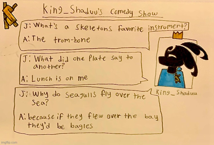 King_Shaduu’s comedy show | image tagged in bad jokes,king_shaduu,comedy,seagulls,plates,skeleton | made w/ Imgflip meme maker
