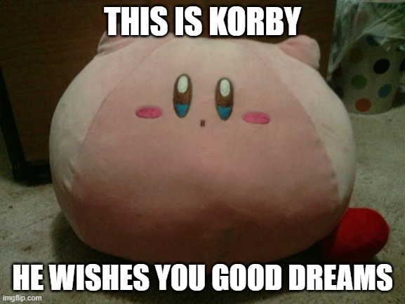 Korby | THIS IS KORBY; HE WISHES YOU GOOD DREAMS | image tagged in cute,kirby | made w/ Imgflip meme maker