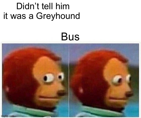 Monkey Puppet Meme | Didn’t tell him it was a Greyhound Bus | image tagged in memes,monkey puppet | made w/ Imgflip meme maker