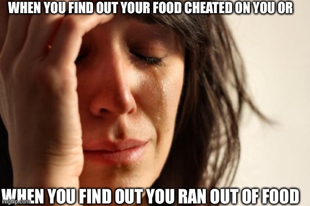 First World Problems | WHEN YOU FIND OUT YOUR FOOD CHEATED ON YOU OR; WHEN YOU FIND OUT YOU RAN OUT OF FOOD | image tagged in memes,first world problems | made w/ Imgflip meme maker