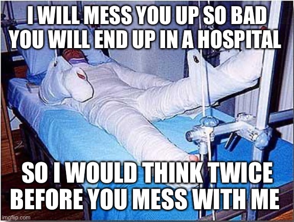 Hospital | I WILL MESS YOU UP SO BAD YOU WILL END UP IN A HOSPITAL; SO I WOULD THINK TWICE BEFORE YOU MESS WITH ME | image tagged in hospital | made w/ Imgflip meme maker