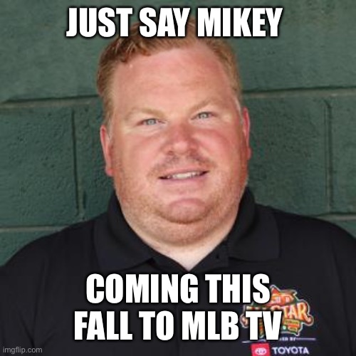 baseball | JUST SAY MIKEY; COMING THIS FALL TO MLB TV | image tagged in baseball | made w/ Imgflip meme maker