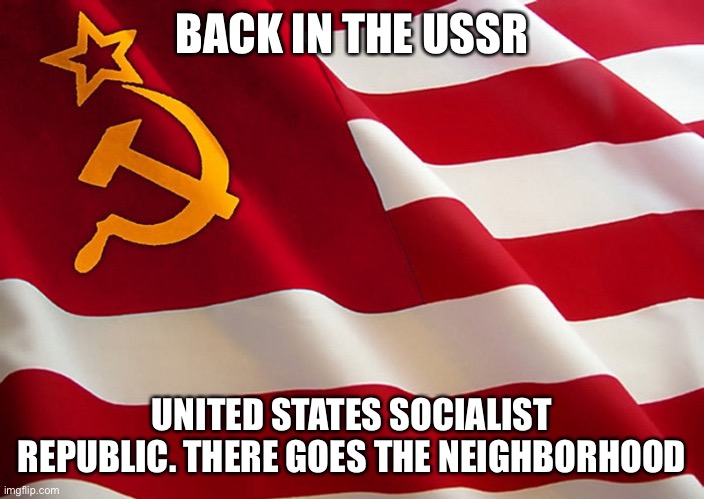 Democrat Flag | BACK IN THE USSR; UNITED STATES SOCIALIST REPUBLIC. THERE GOES THE NEIGHBORHOOD | image tagged in democrat flag | made w/ Imgflip meme maker