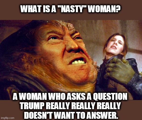 If Trump didn't screw up all the time, he wouldn't be so bothered by the questions. | WHAT IS A "NASTY" WOMAN? A WOMAN WHO ASKS A QUESTION 
TRUMP REALLY REALLY REALLY 
DOESN'T WANT TO ANSWER. | image tagged in jabba the trump,trump,incompetence,question,press conference,trump press conference | made w/ Imgflip meme maker