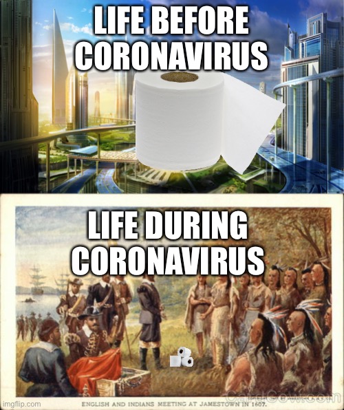 LIFE BEFORE CORONAVIRUS; LIFE DURING CORONAVIRUS | image tagged in futuristic city,native americans meeting colonists | made w/ Imgflip meme maker