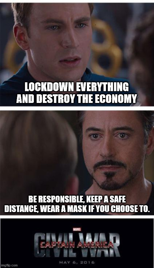 Marvel Civil War 1 Meme | LOCKDOWN EVERYTHING AND DESTROY THE ECONOMY; BE RESPONSIBLE, KEEP A SAFE DISTANCE, WEAR A MASK IF YOU CHOOSE TO. | image tagged in memes,marvel civil war 1 | made w/ Imgflip meme maker