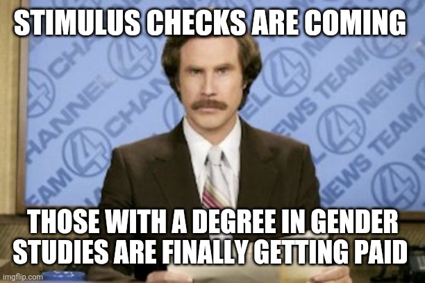 Ron Burgundy | STIMULUS CHECKS ARE COMING; THOSE WITH A DEGREE IN GENDER STUDIES ARE FINALLY GETTING PAID | image tagged in memes,ron burgundy | made w/ Imgflip meme maker