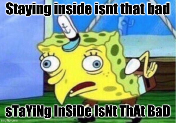 Mocking Spongebob Meme | Staying inside isnt that bad; sTaYiNg InSiDe IsNt ThAt BaD | image tagged in memes,mocking spongebob | made w/ Imgflip meme maker