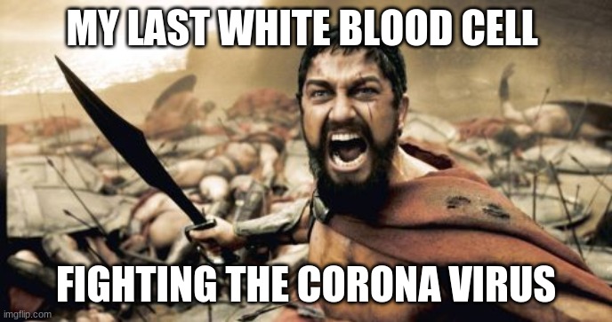 Sparta Leonidas | MY LAST WHITE BLOOD CELL; FIGHTING THE CORONA VIRUS | image tagged in memes,sparta leonidas | made w/ Imgflip meme maker
