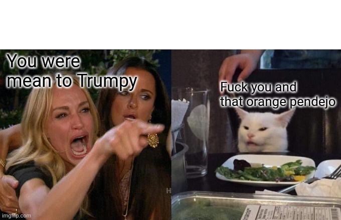Woman Yelling At Cat Meme | You were mean to Trumpy F**k you and that orange pendejo | image tagged in memes,woman yelling at cat | made w/ Imgflip meme maker