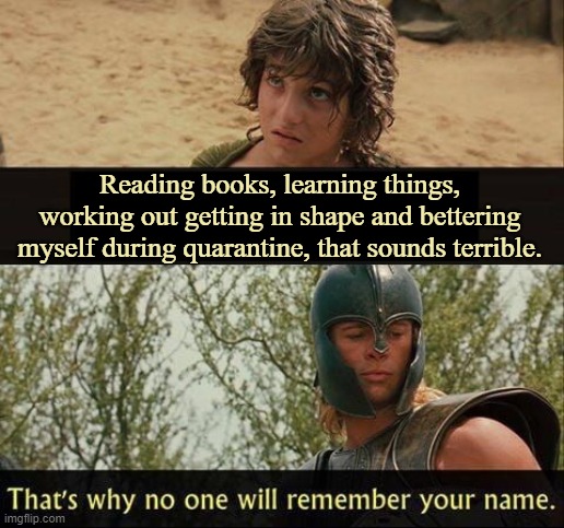Troy no one will remember your name | Reading books, learning things, working out getting in shape and bettering myself during quarantine, that sounds terrible. | image tagged in troy no one will remember your name,covid-19,quarantine | made w/ Imgflip meme maker