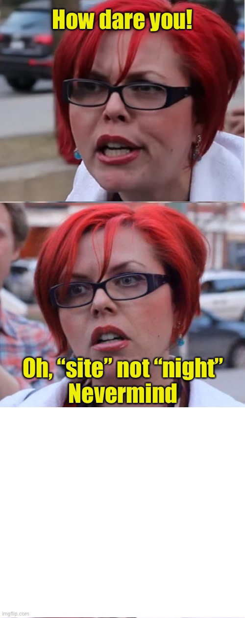 Big Red Feminist pun | How dare you! Oh, “site” not “night”
Nevermind | image tagged in big red feminist pun | made w/ Imgflip meme maker