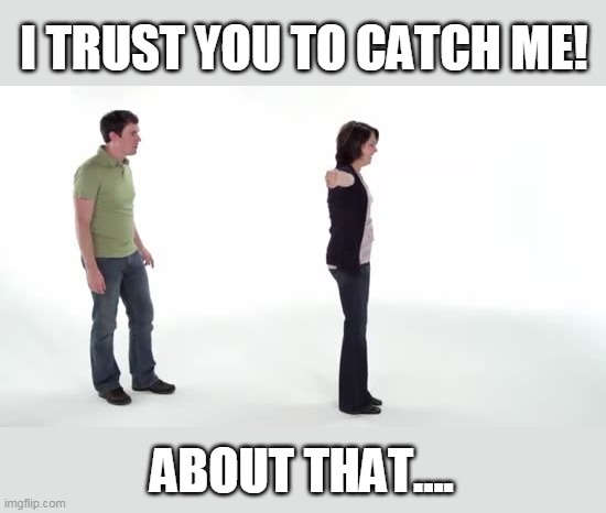 Team building exercises at my work | I TRUST YOU TO CATCH ME! ABOUT THAT.... | image tagged in essential employees | made w/ Imgflip meme maker