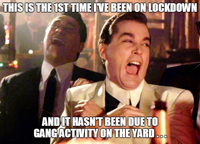 Good Fellas Hilarious Meme | THIS IS THE 1ST TIME I'VE BEEN ON LOCKDOWN; AND IT HASN'T BEEN DUE TO GANG ACTIVITY ON THE YARD . . . | image tagged in funny,funny memes,funny meme,good fellas hilarious,coronavirus,bad pun | made w/ Imgflip meme maker