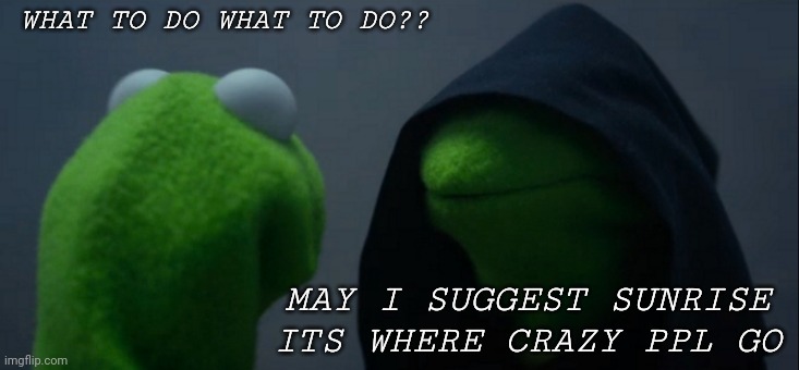 Evil Kermit | WHAT TO DO WHAT TO DO?? MAY I SUGGEST SUNRISE ITS WHERE CRAZY PPL GO | image tagged in memes,evil kermit | made w/ Imgflip meme maker