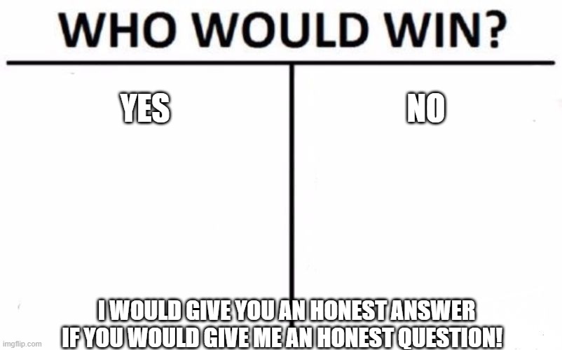 Who Would Win? | YES; NO; I WOULD GIVE YOU AN HONEST ANSWER IF YOU WOULD GIVE ME AN HONEST QUESTION! | image tagged in memes,who would win | made w/ Imgflip meme maker