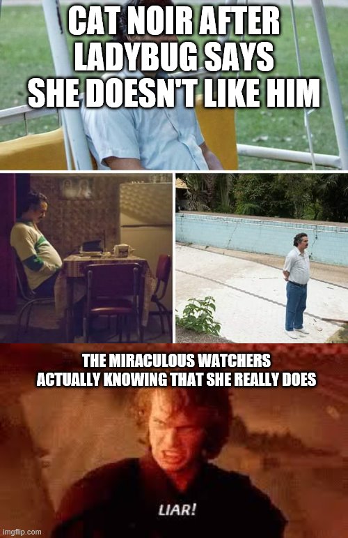 CAT NOIR AFTER LADYBUG SAYS SHE DOESN'T LIKE HIM; THE MIRACULOUS WATCHERS ACTUALLY KNOWING THAT SHE REALLY DOES | image tagged in memes,sad pablo escobar,anakin liar | made w/ Imgflip meme maker