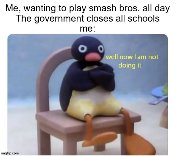 well now I am not doing it | Me, wanting to play smash bros. all day
The government closes all schools
me: | image tagged in well now i am not doing it | made w/ Imgflip meme maker